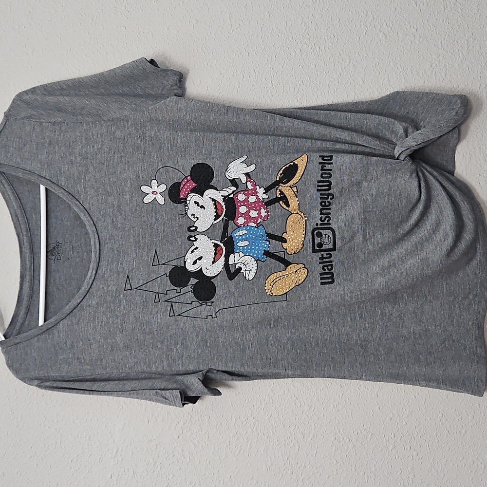 Disney Parks Medium Gray Mickey Minnie Rhinestone Embroidered Soft Tee Shirt